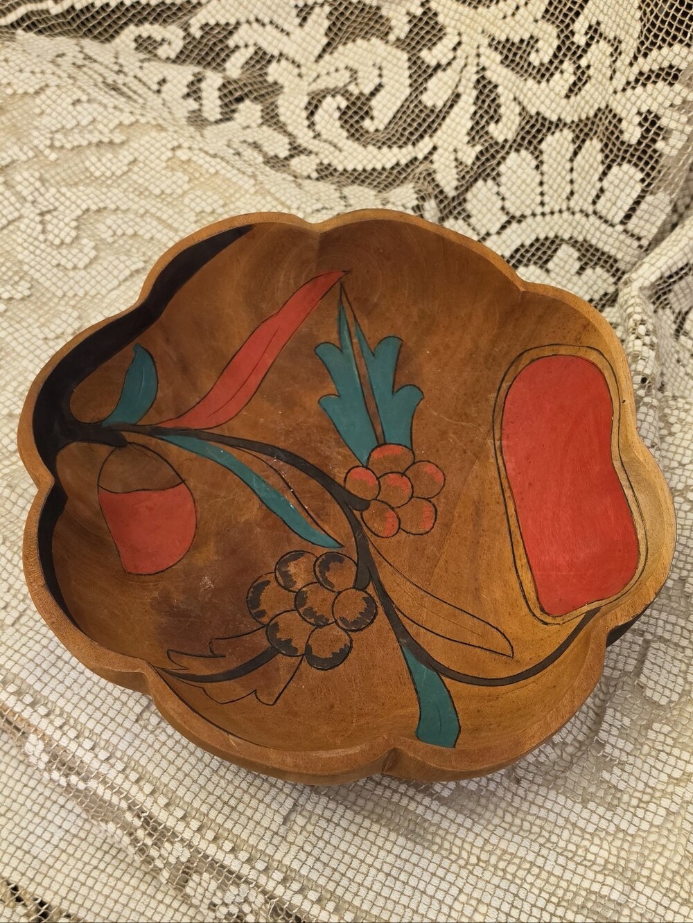 Vtg Mexican Folk Art Wooden Batea Bowl Hand Painted Scalloped Carved Floral 10"